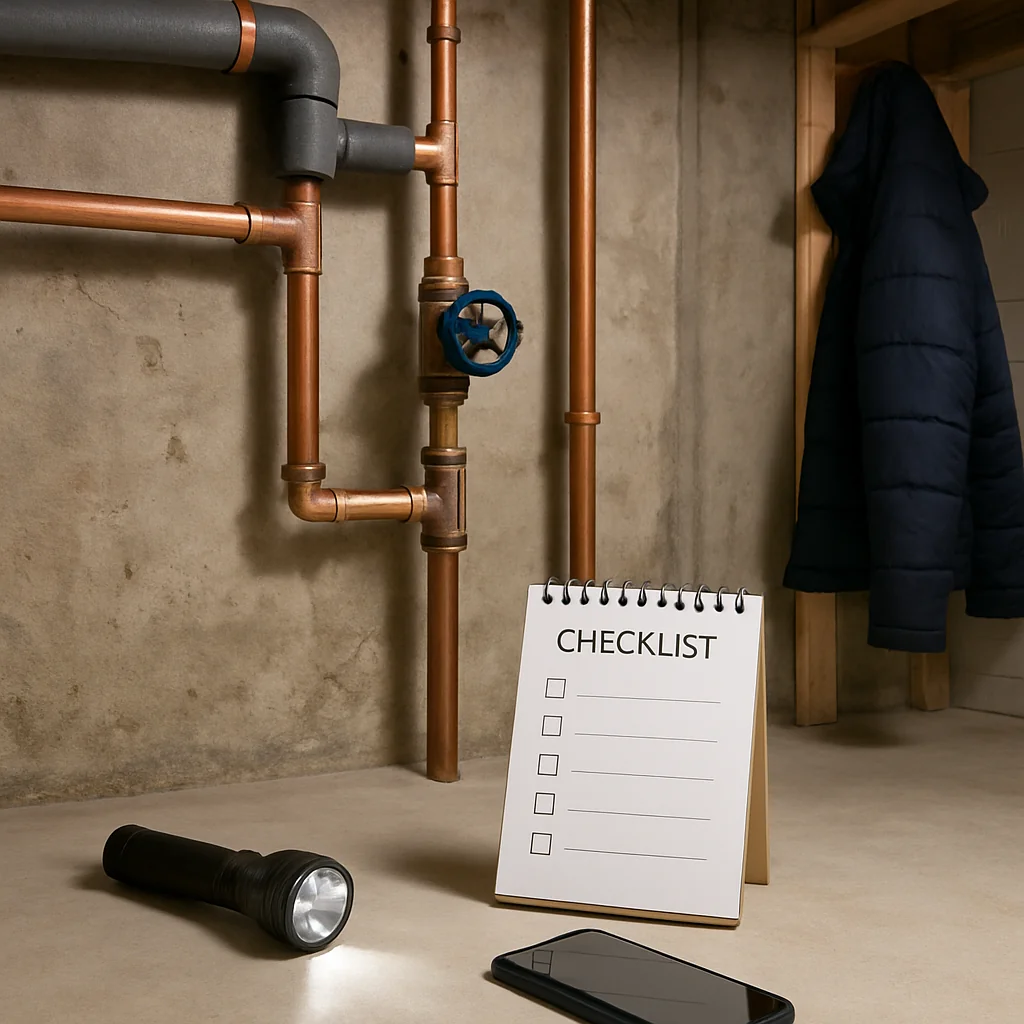 Brooklyn Park plumbing emergency checklist near basement pipes and shutoff valve